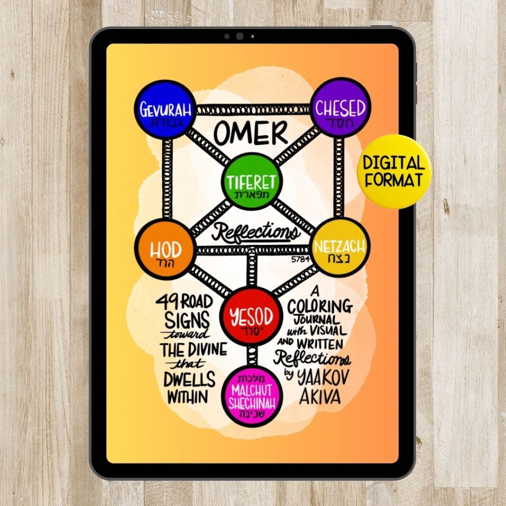 Mock up of the cover of Omer Reflections Journal displayed on an iPad on a surface of light colored wood