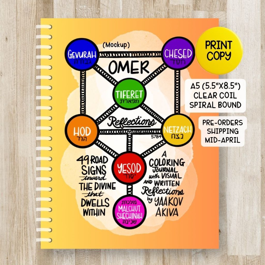 Mock up of the print copy of Omer Reflections Journal displayed on a surface of light colored wood. The journal is bound with clear spiral.